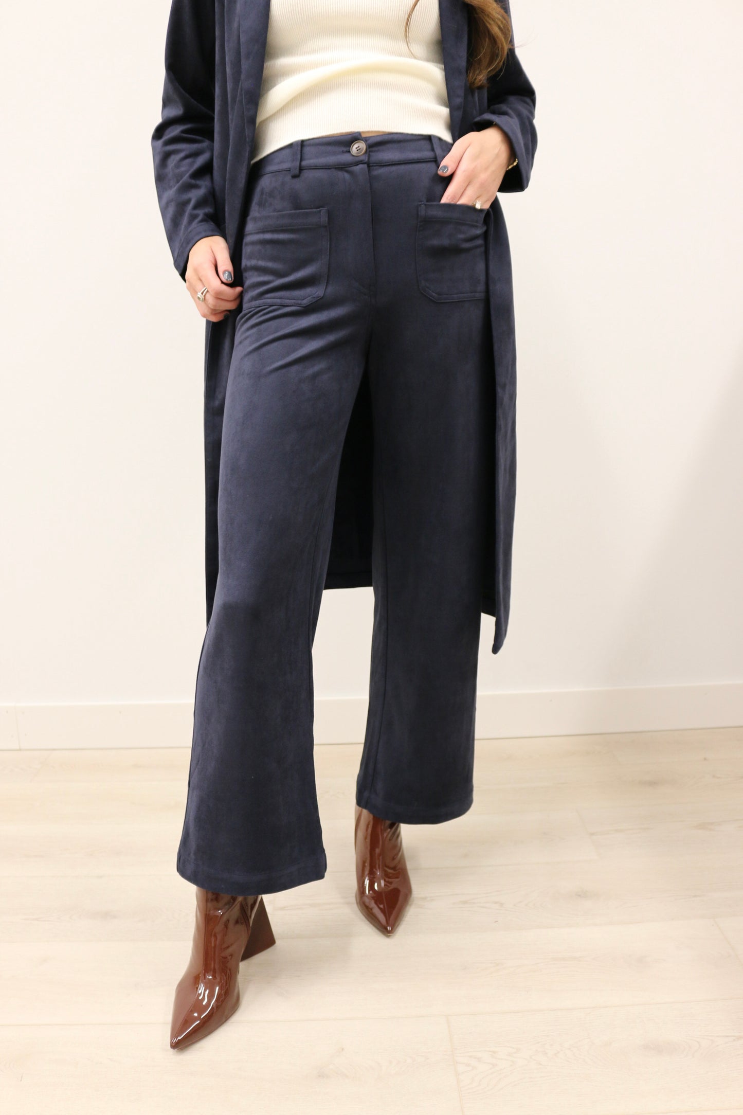 Lana Suede High Waisted Wide Leg Pants - Deep Navy