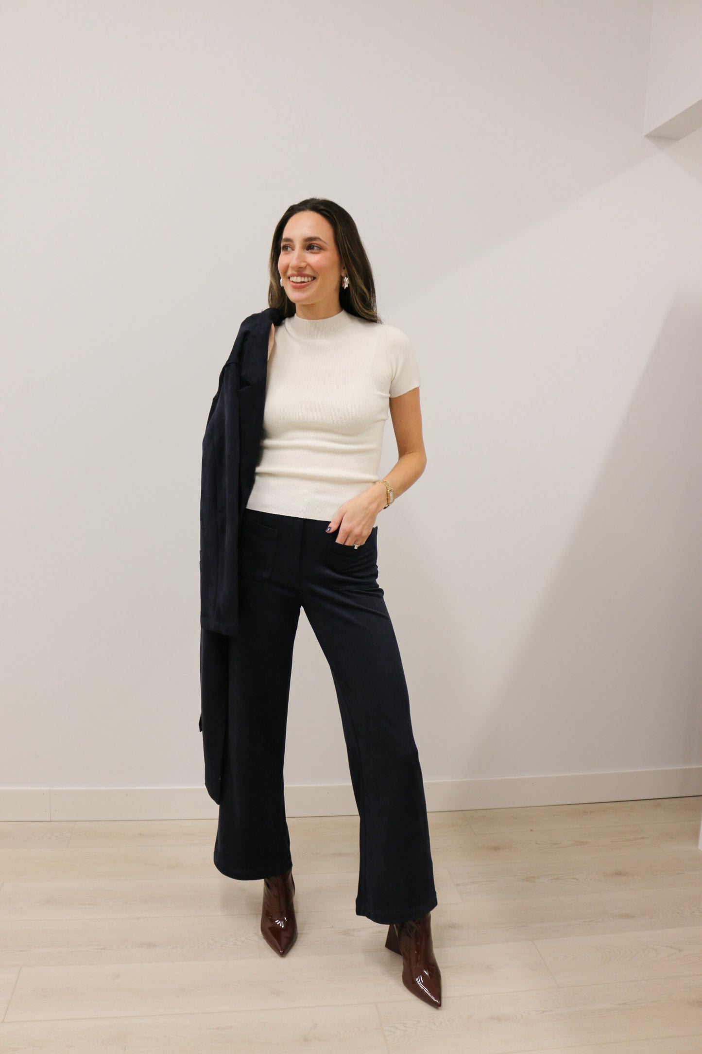 Lana Suede High Waisted Wide Leg Pants - Deep Navy