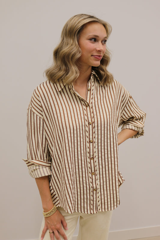Sutton Textured Stripe Collared Long Sleeve Button Down - Camel Brown