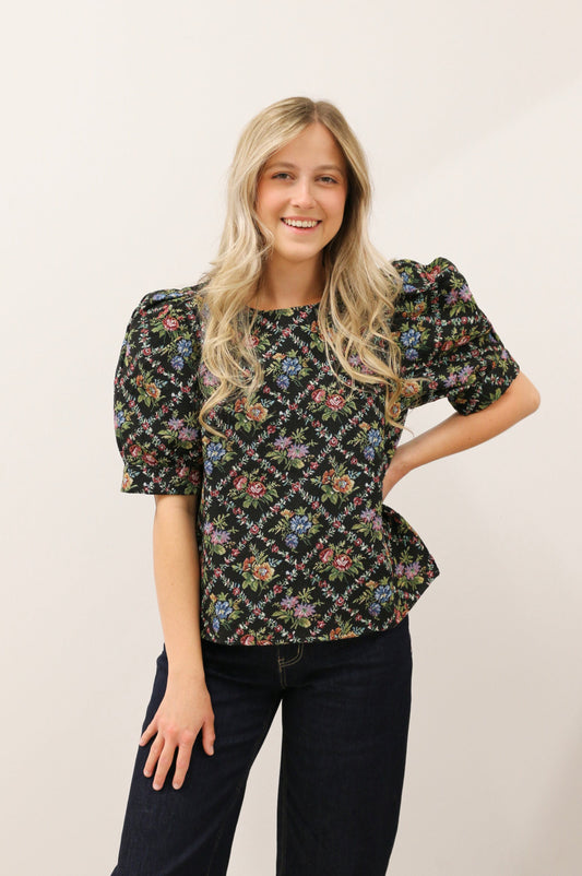 Tapestry Print Botanical Jacquard Puff Short Sleeve Blouse - Black Multi