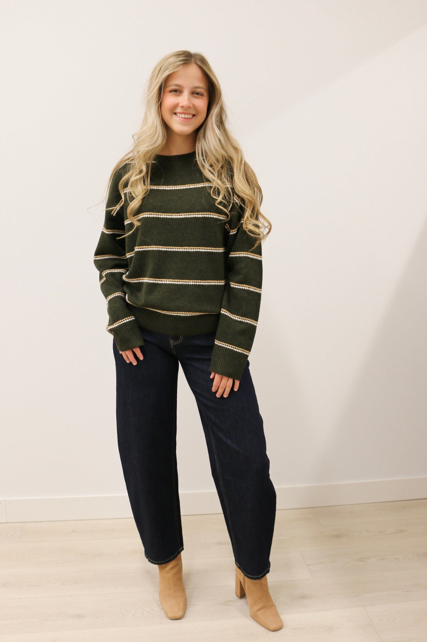 Tessa Lightweight Long Sleeve Crewneck Stripe Knit Sweater - Olive Camel