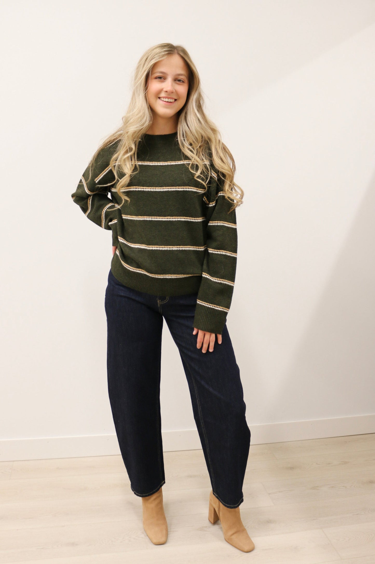 Tessa Lightweight Long Sleeve Crewneck Stripe Knit Sweater - Olive Camel