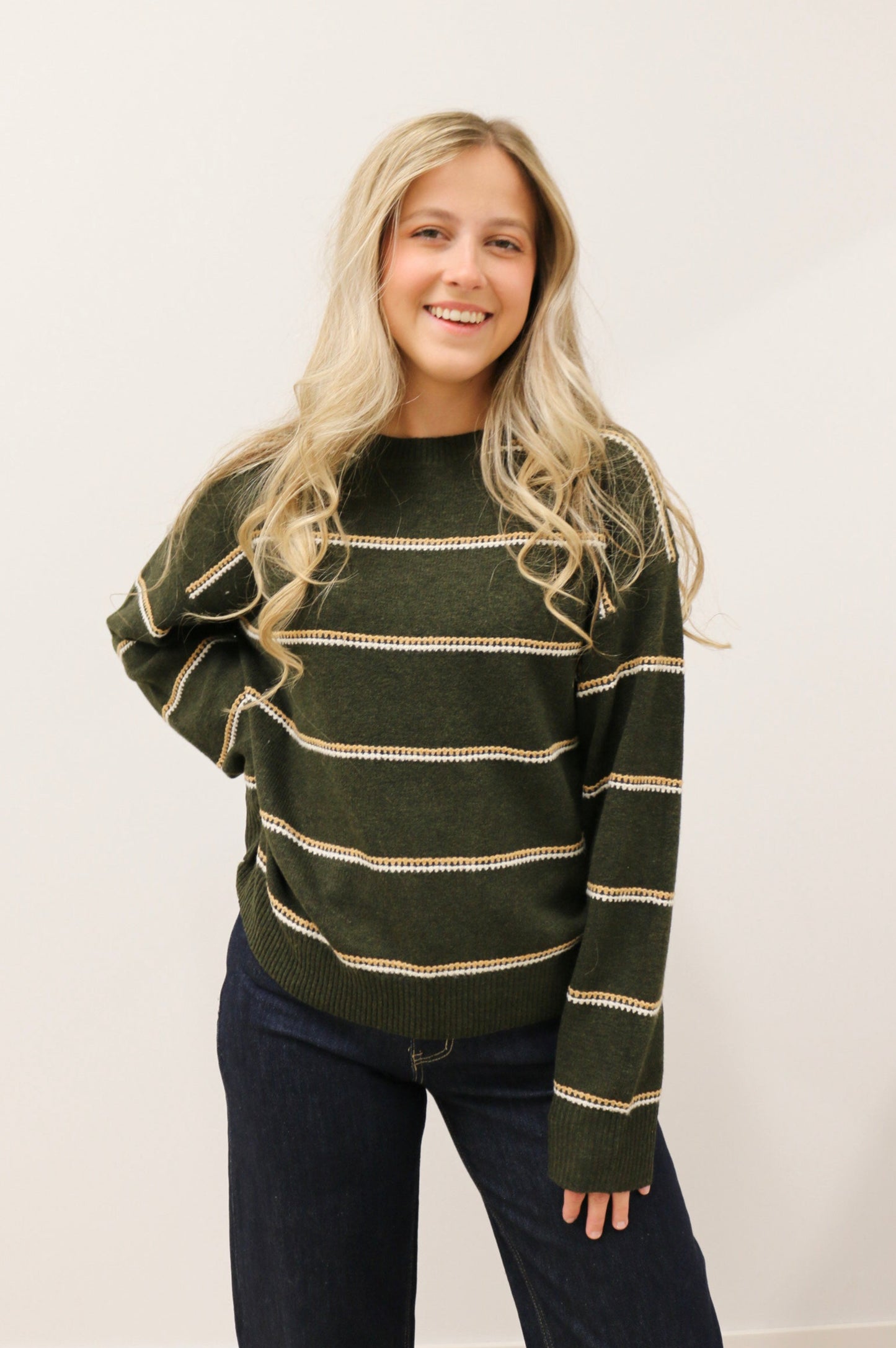 Tessa Lightweight Long Sleeve Crewneck Stripe Knit Sweater - Olive Camel