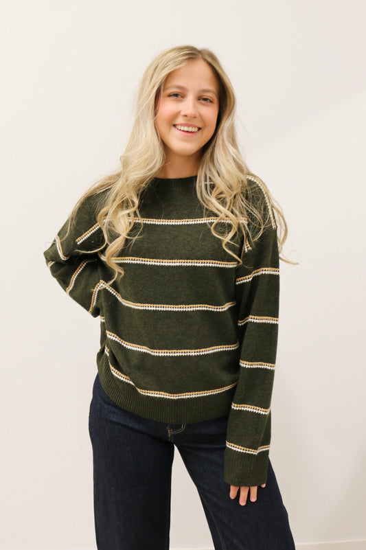 Tessa Lightweight Long Sleeve Crewneck Stripe Knit Sweater - Olive Camel