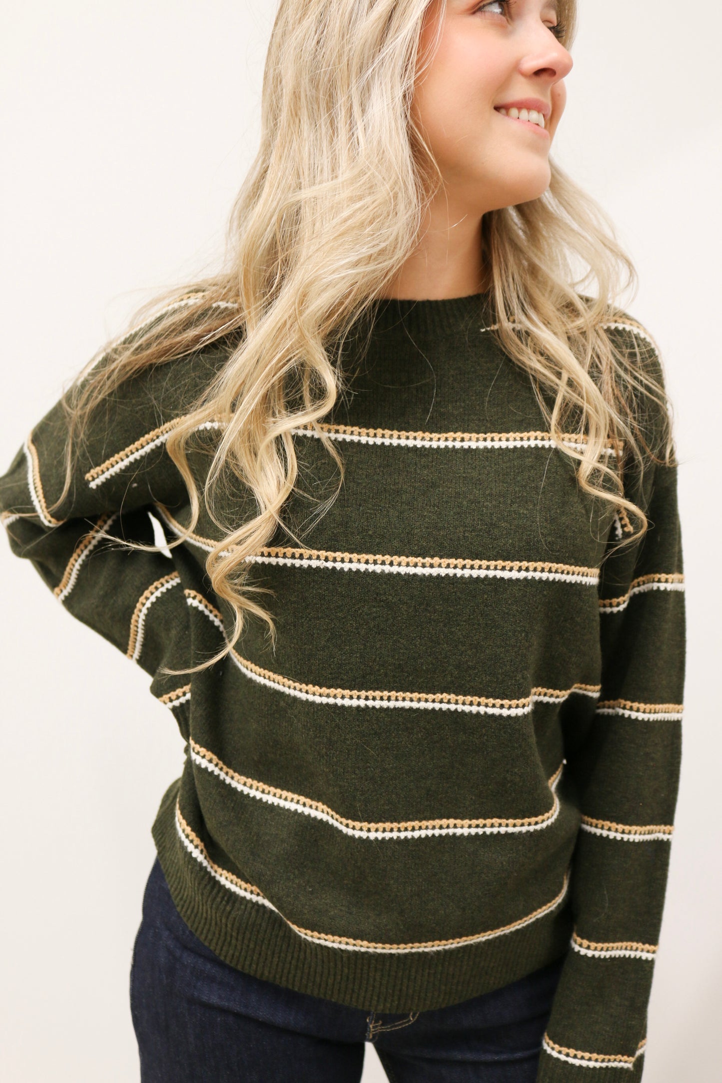 Tessa Lightweight Long Sleeve Crewneck Stripe Knit Sweater - Olive Camel