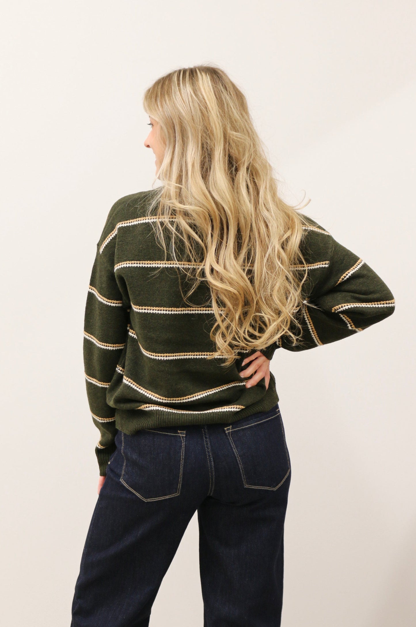 Tessa Lightweight Long Sleeve Crewneck Stripe Knit Sweater - Olive Camel
