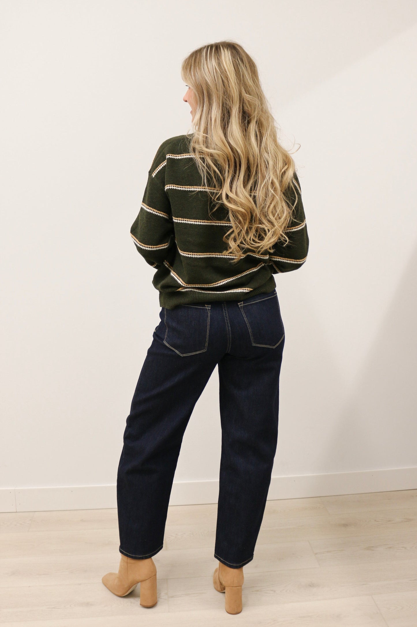 Tessa Lightweight Long Sleeve Crewneck Stripe Knit Sweater - Olive Camel