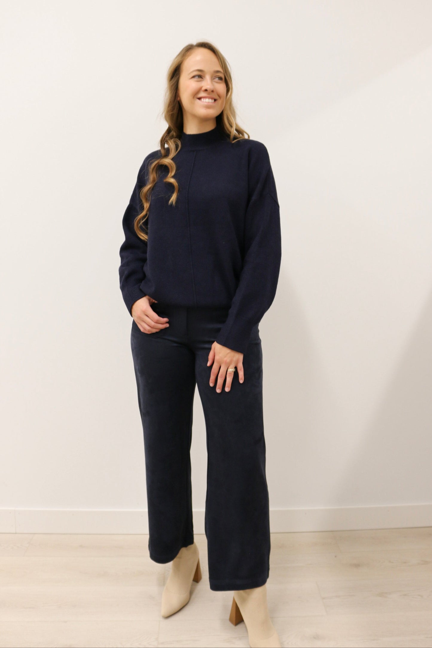 Tilly Front Seam Mock Neck Long Sleeve Relaxed Sweater - Deep Navy