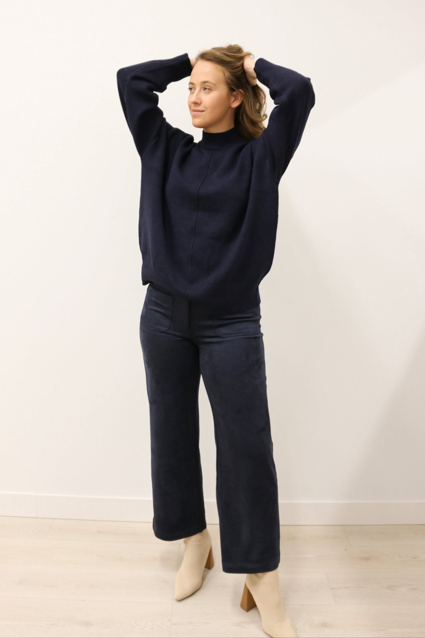 Tilly Front Seam Mock Neck Long Sleeve Relaxed Sweater - Deep Navy