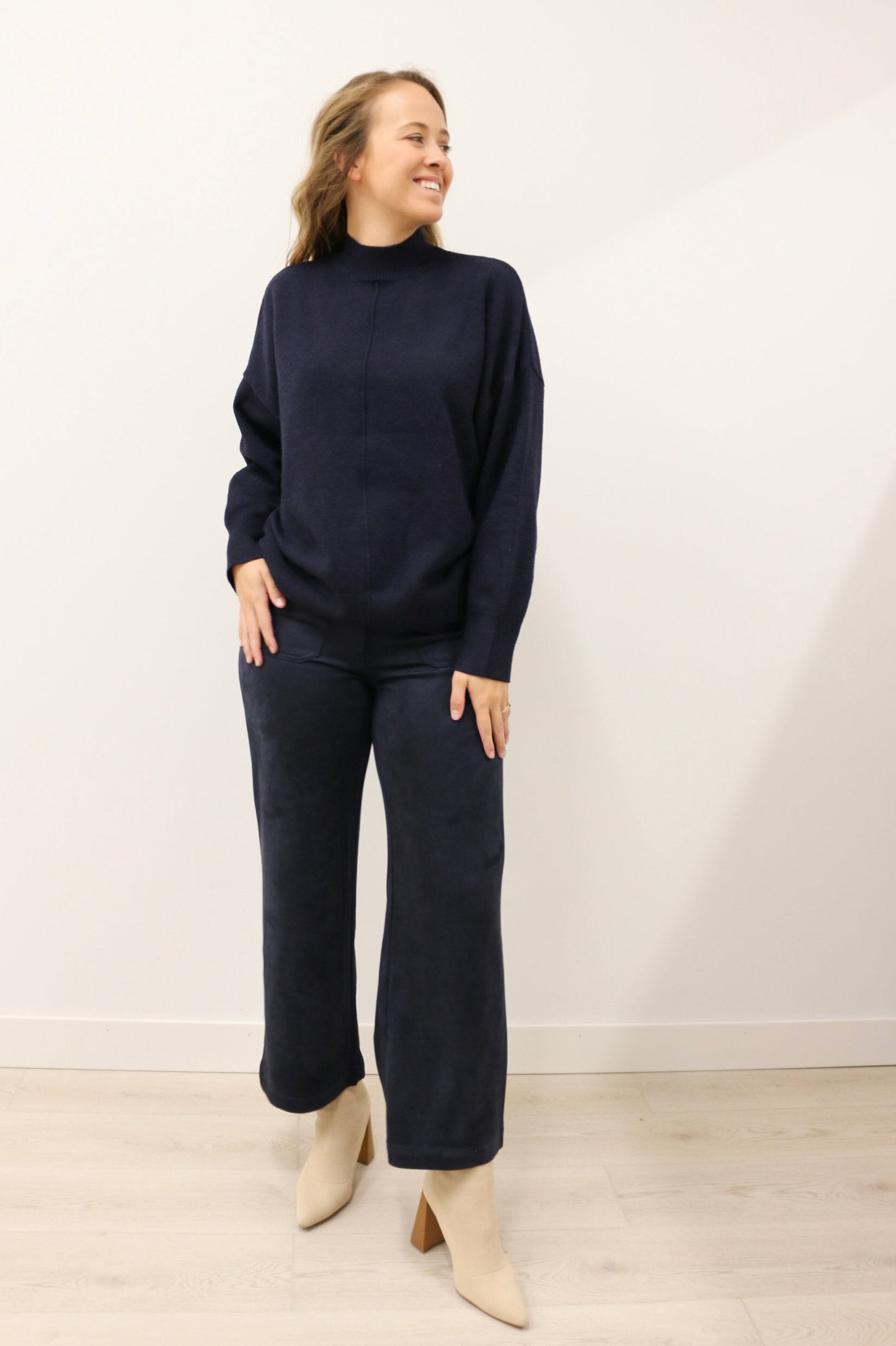 Tilly Front Seam Mock Neck Long Sleeve Relaxed Sweater - Deep Navy