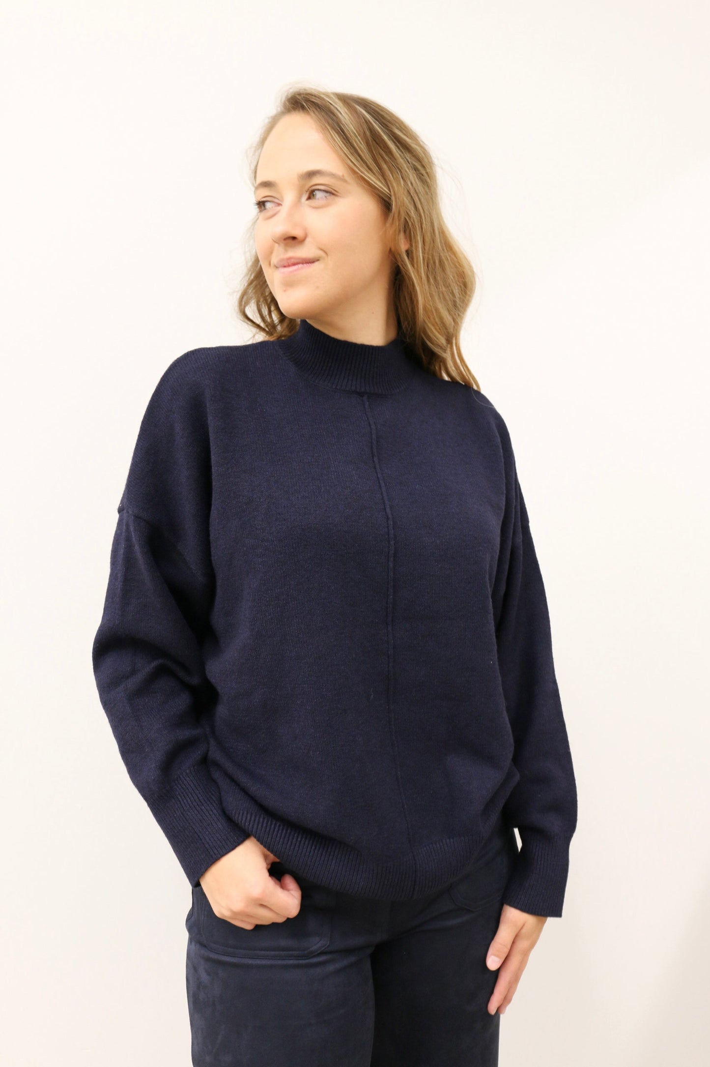 Tilly Front Seam Mock Neck Long Sleeve Relaxed Sweater - Deep Navy