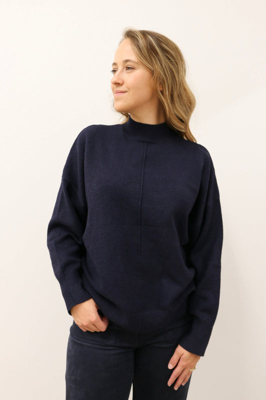 Tilly Front Seam Mock Neck Long Sleeve Relaxed Sweater - Deep Navy