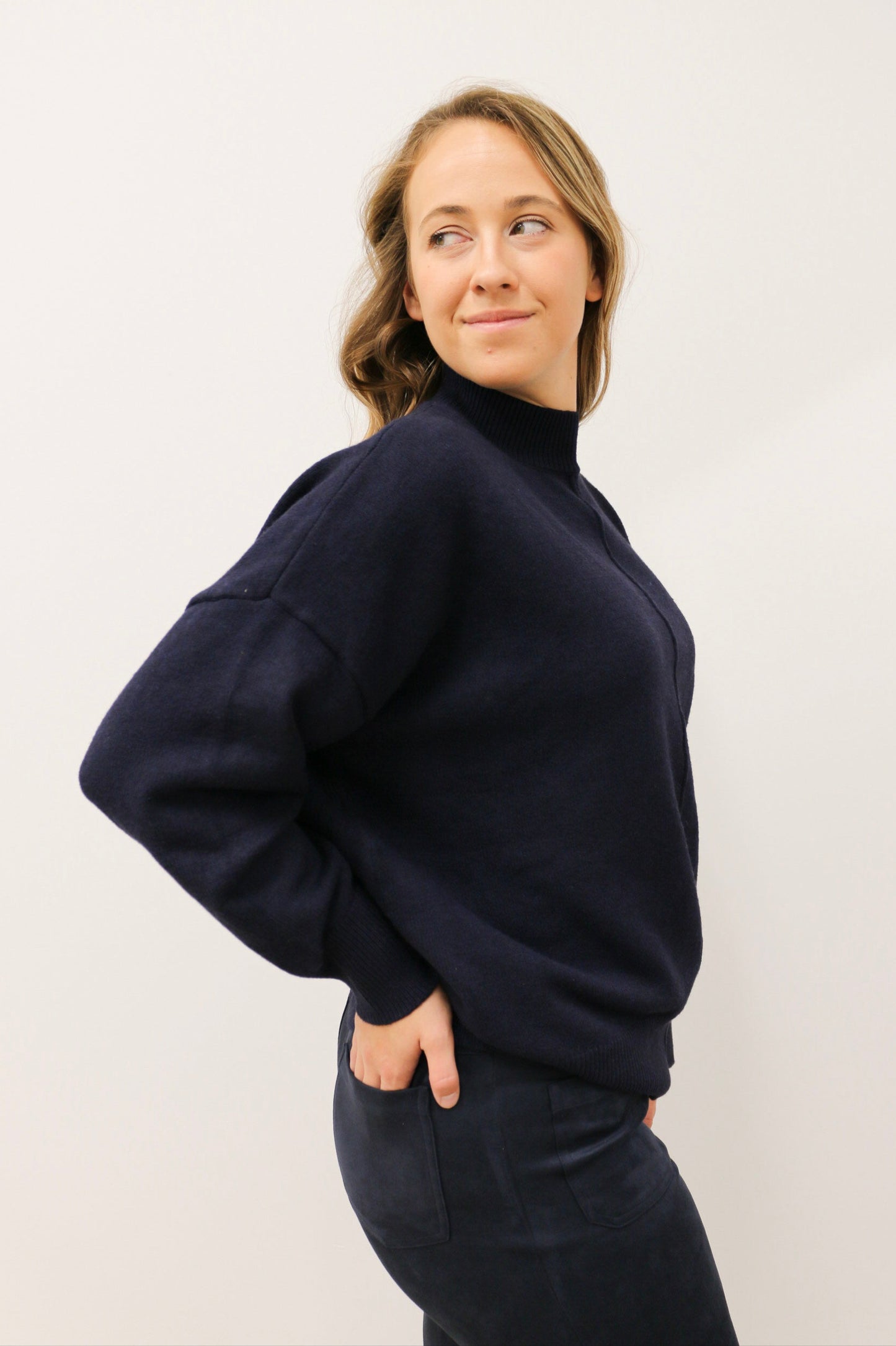 Tilly Front Seam Mock Neck Long Sleeve Relaxed Sweater - Deep Navy