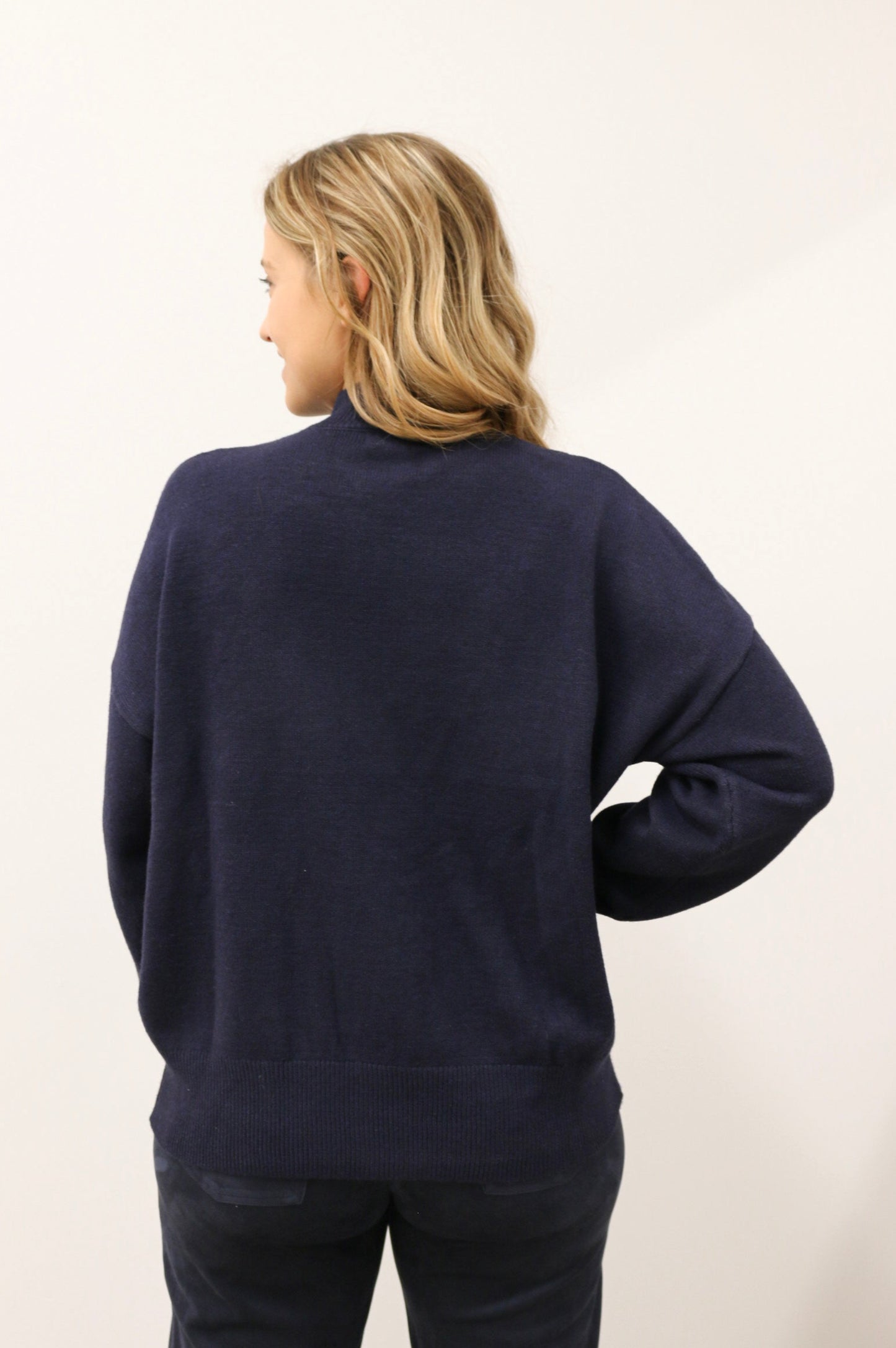 Tilly Front Seam Mock Neck Long Sleeve Relaxed Sweater - Deep Navy