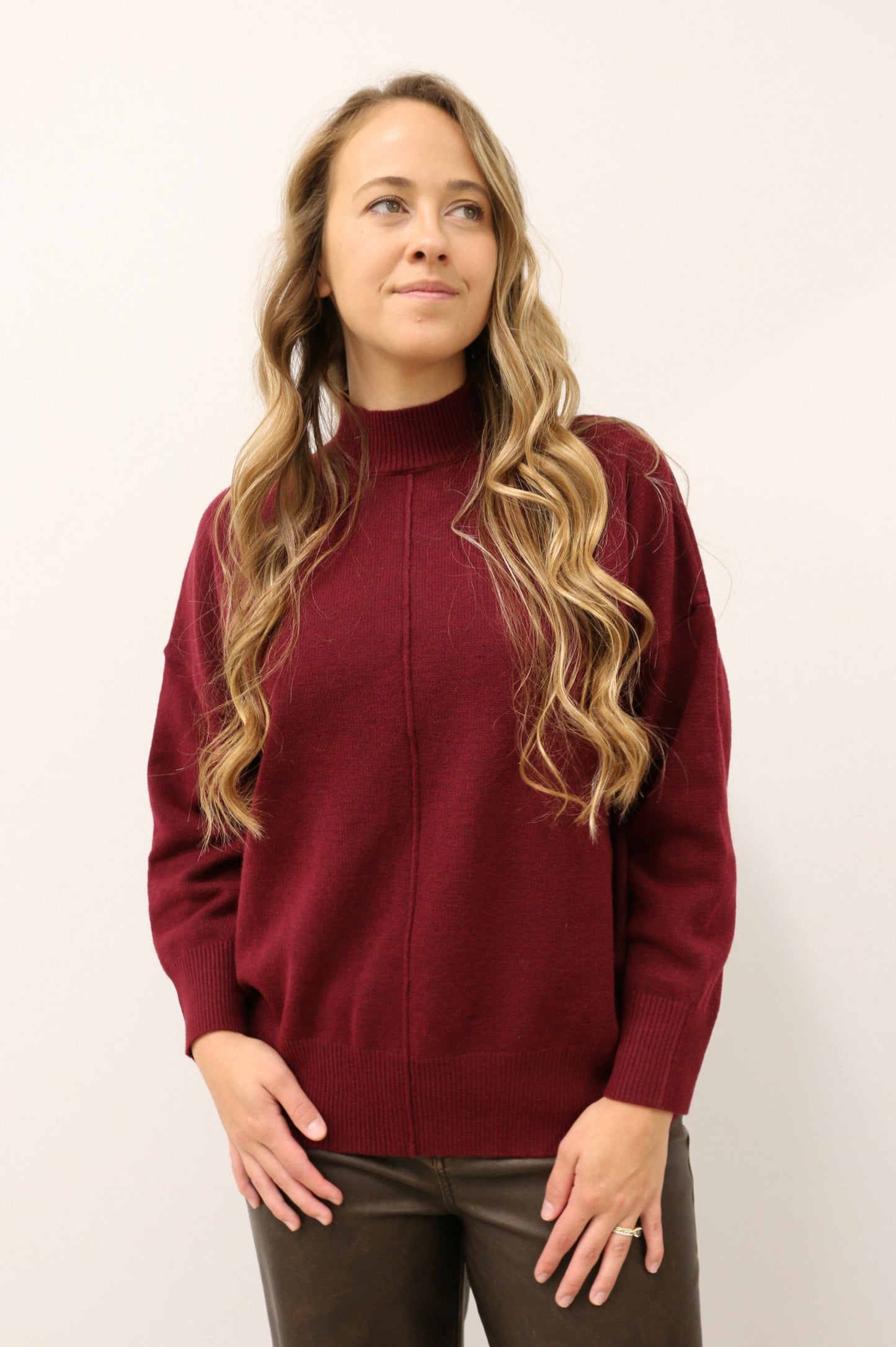 Tilly Front Seam Mock Neck Long Sleeve Relaxed Sweater - Burgundy