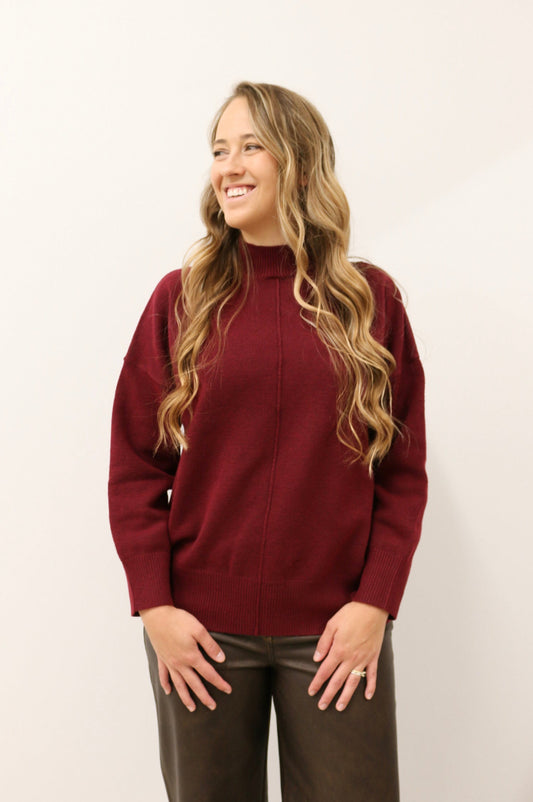 Tilly Front Seam Mock Neck Long Sleeve Relaxed Sweater - Burgundy