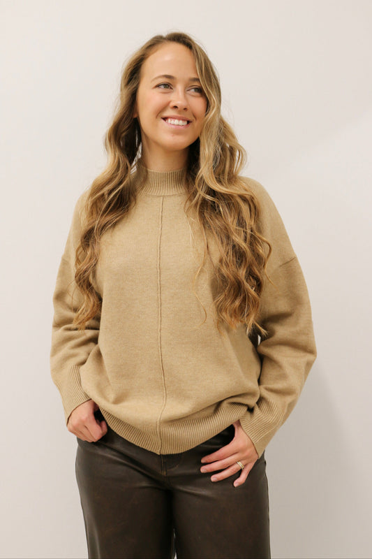 Tilly Front Seam Mock Neck Long Sleeve Relaxed Sweater - Latte