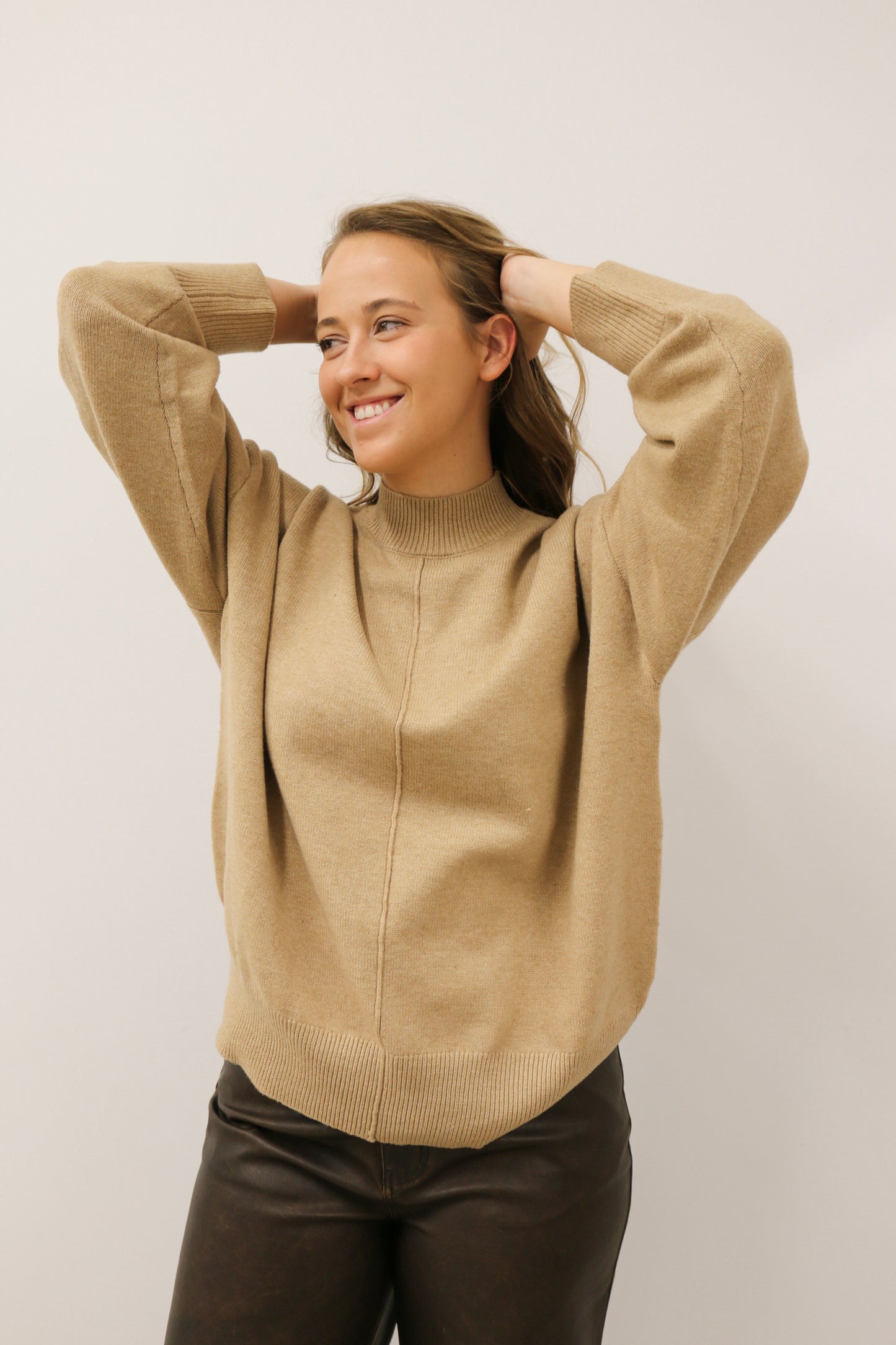 Tilly Front Seam Mock Neck Long Sleeve Relaxed Sweater - Latte