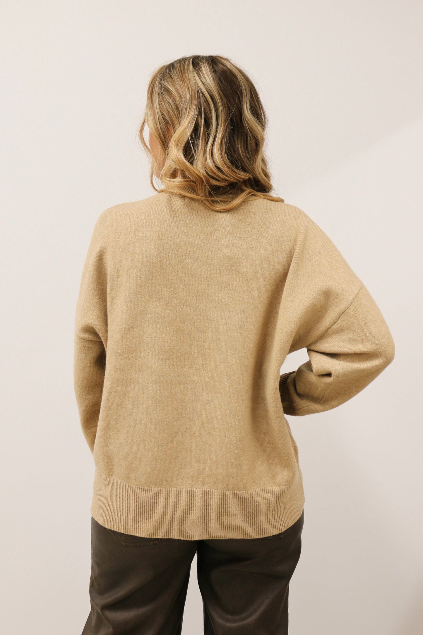 Tilly Front Seam Mock Neck Long Sleeve Relaxed Sweater - Latte