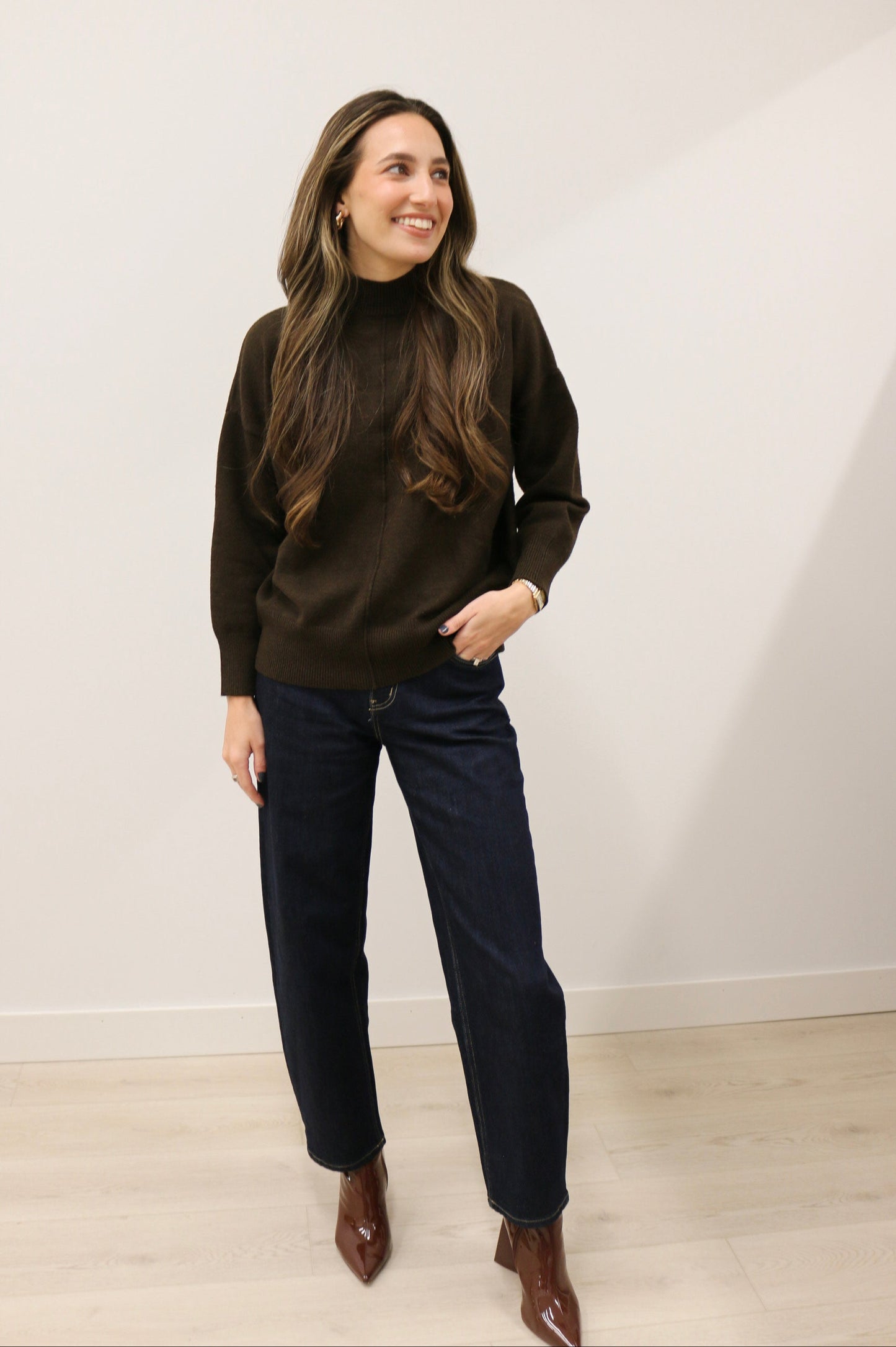 Tilly Front Seam Mock Neck Long Sleeve Relaxed Sweater - Dark Brown