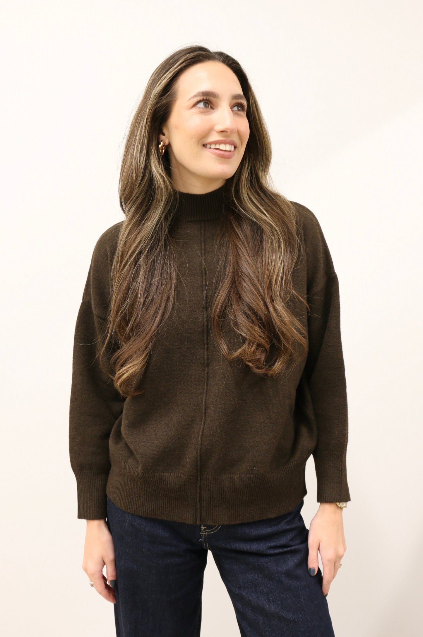 Tilly Front Seam Mock Neck Long Sleeve Relaxed Sweater - Dark Brown