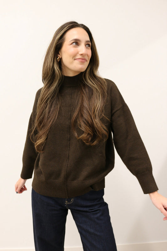 Tilly Front Seam Mock Neck Long Sleeve Relaxed Sweater - Dark Brown