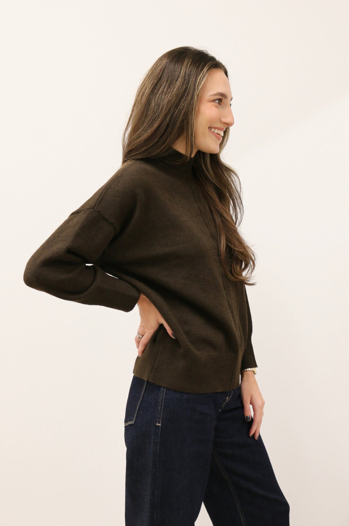 Tilly Front Seam Mock Neck Long Sleeve Relaxed Sweater - Dark Brown