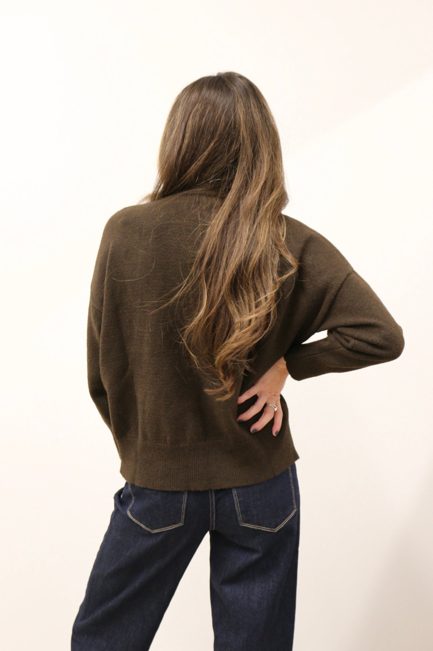 Tilly Front Seam Mock Neck Long Sleeve Relaxed Sweater - Dark Brown