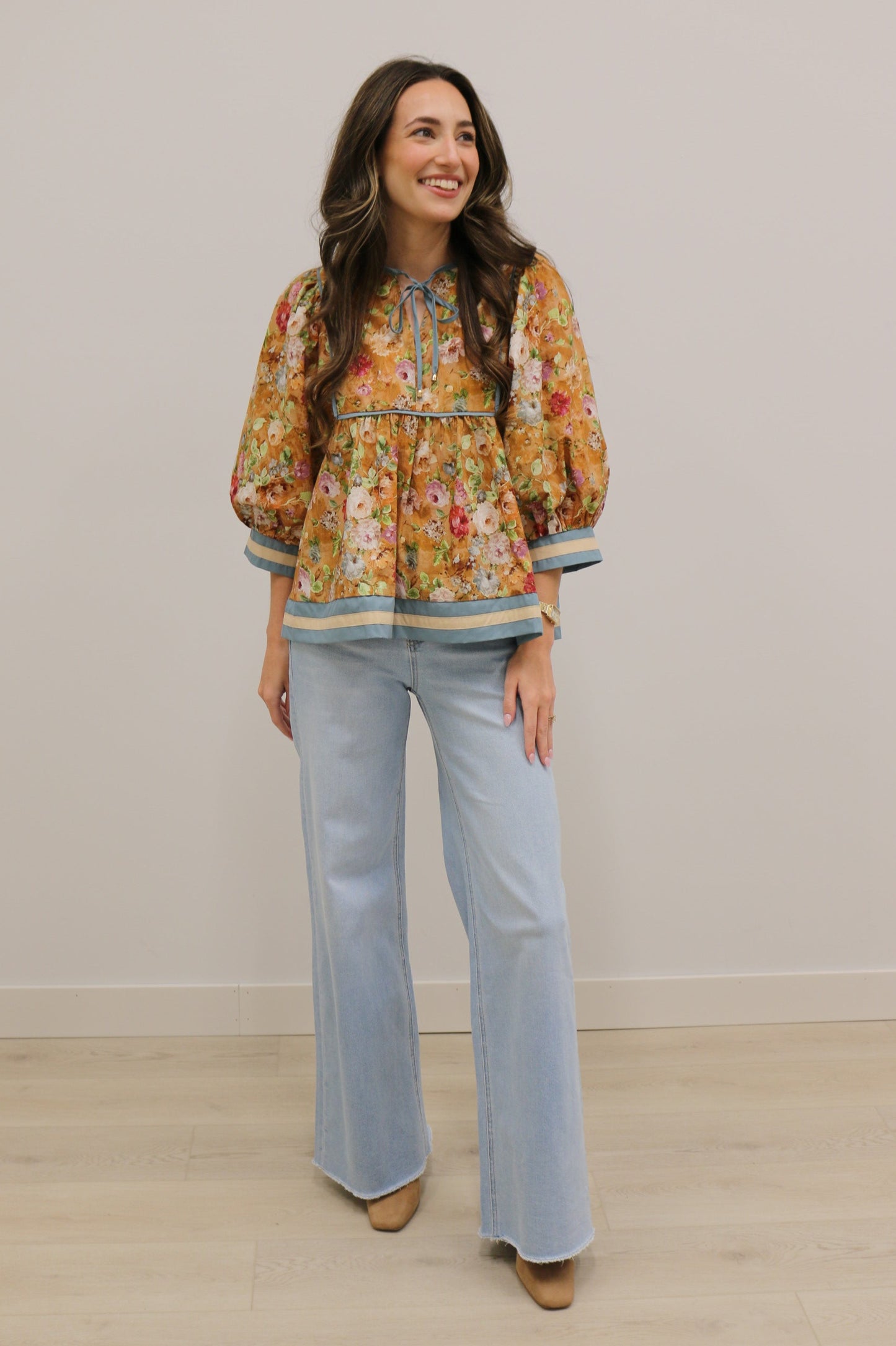 Vintage Bloom Floral Empire Waist Tie Front Contrast Trim Top - Terra Cotta