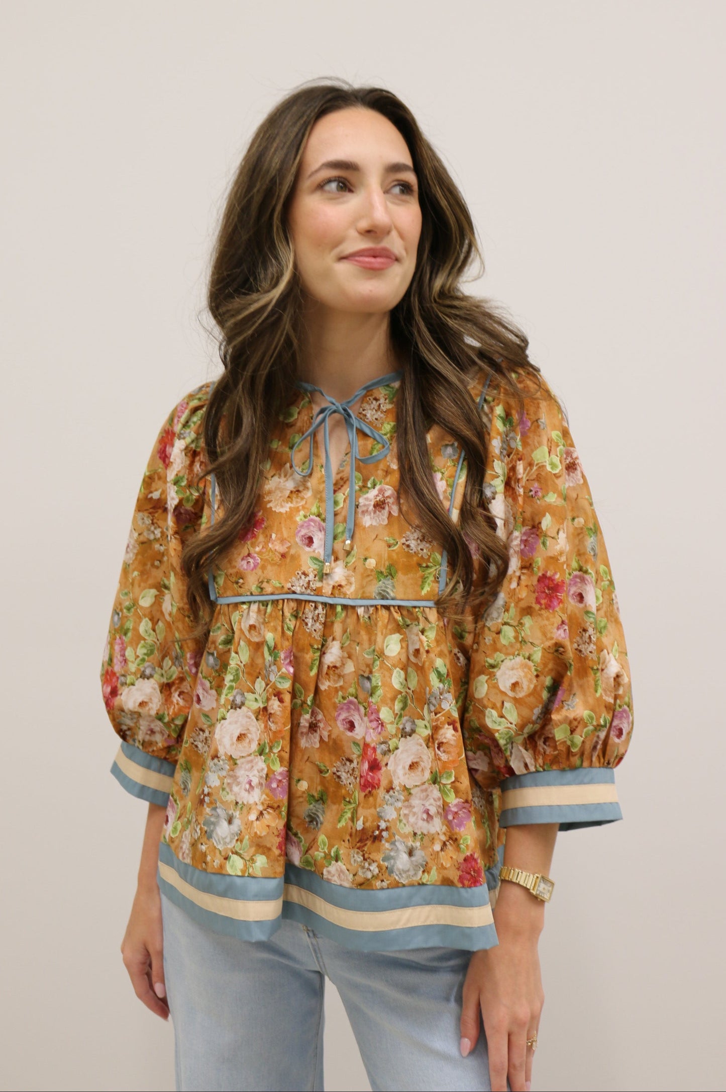 Vintage Bloom Floral Empire Waist Tie Front Contrast Trim Top - Terra Cotta