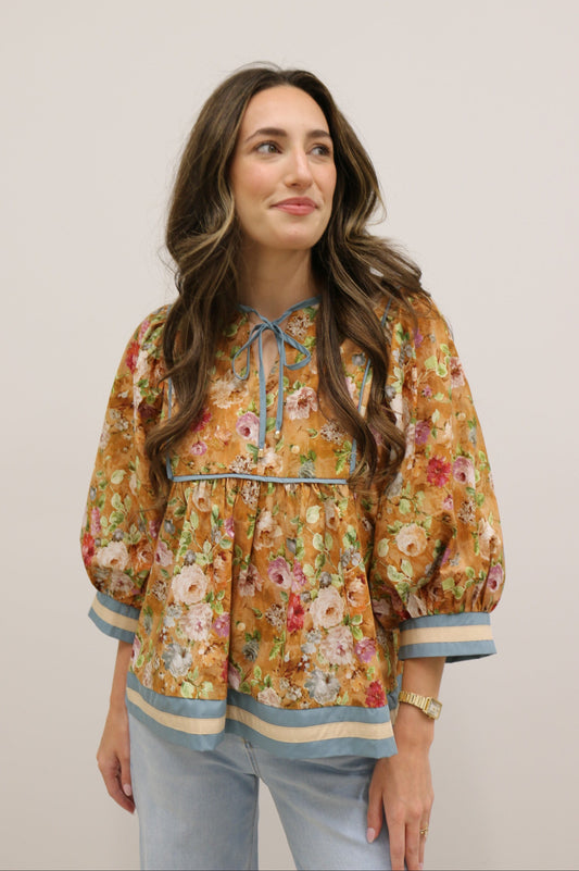 Vintage Bloom Floral Empire Waist Tie Front Contrast Trim Top - Terra Cotta