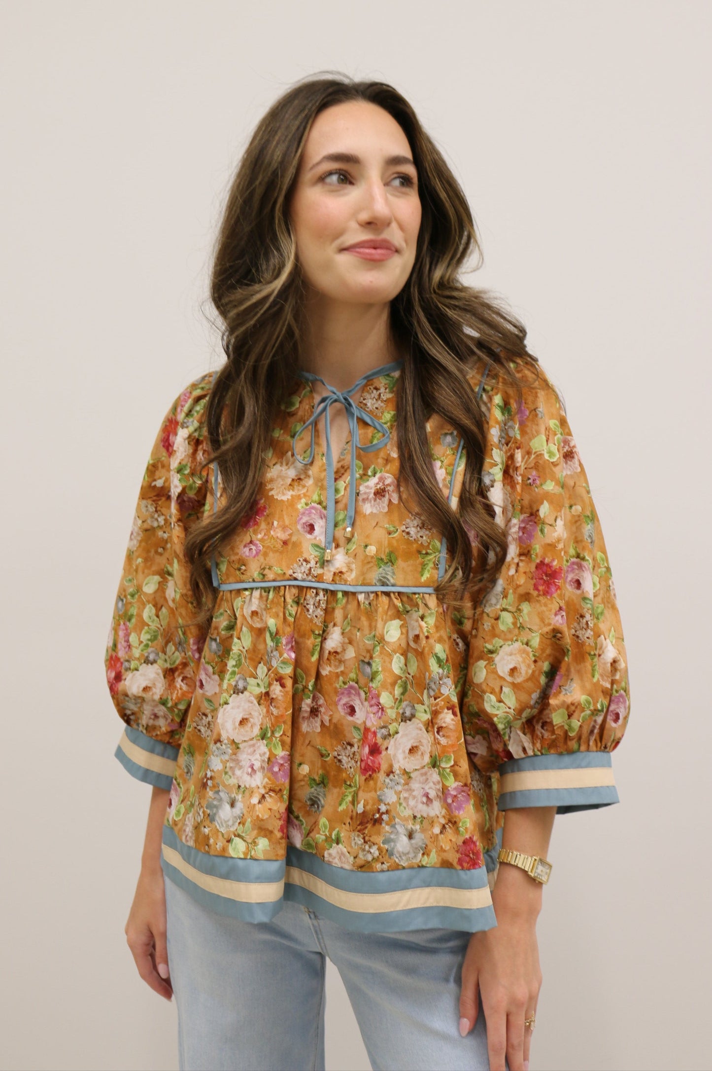 Vintage Bloom Curve Floral Empire Waist Tie Front Contrast Trim Top - Terra Cotta