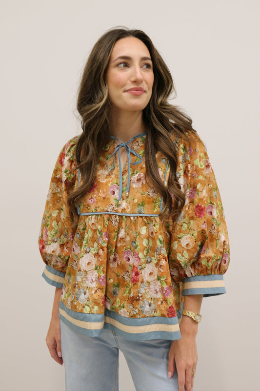 Vintage Bloom Curve Floral Empire Waist Tie Front Contrast Trim Top - Terra Cotta