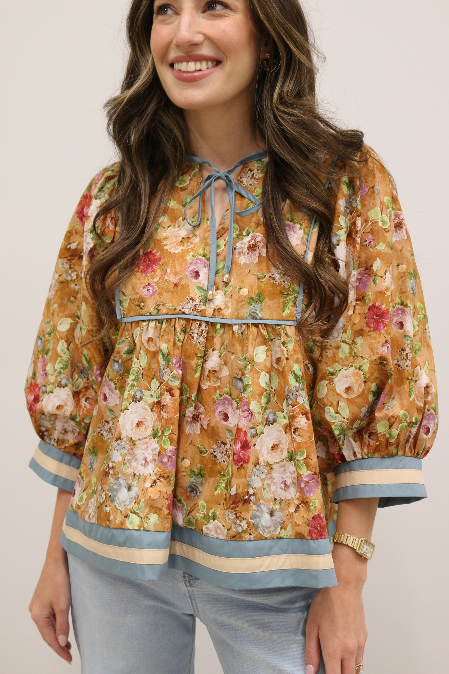 Vintage Bloom Floral Empire Waist Tie Front Contrast Trim Top - Terra Cotta