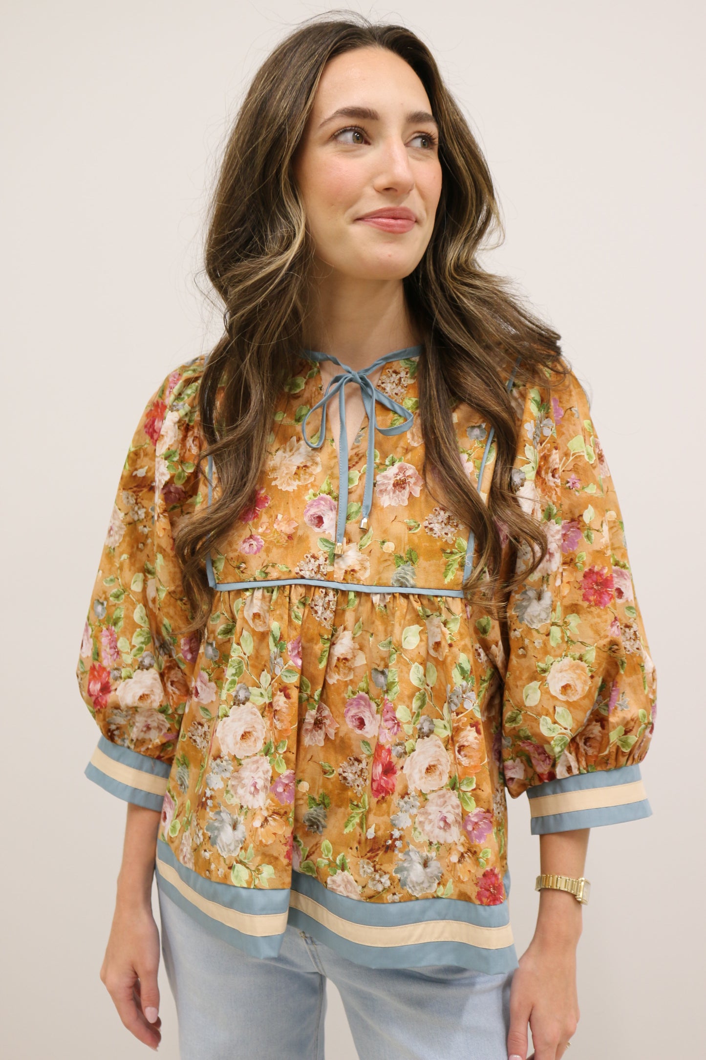 Vintage Bloom Floral Empire Waist Tie Front Contrast Trim Top - Terra Cotta