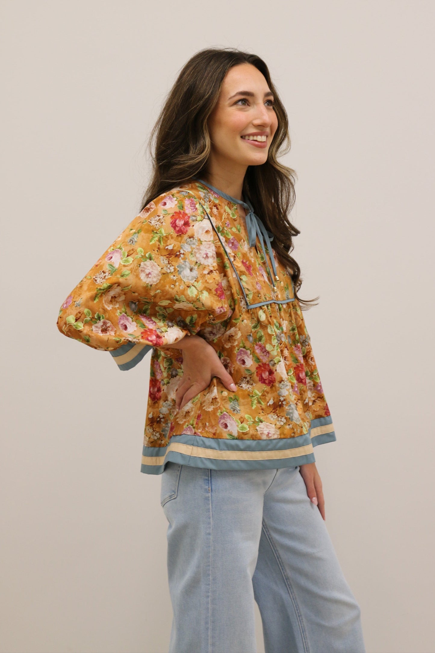 Vintage Bloom Floral Empire Waist Tie Front Contrast Trim Top - Terra Cotta
