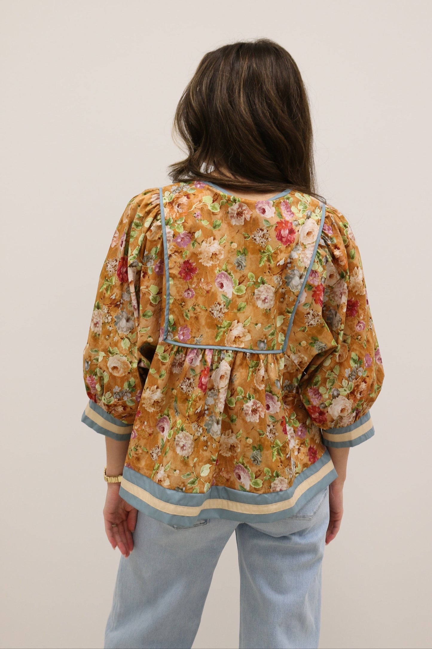 Vintage Bloom Floral Empire Waist Tie Front Contrast Trim Top - Terra Cotta