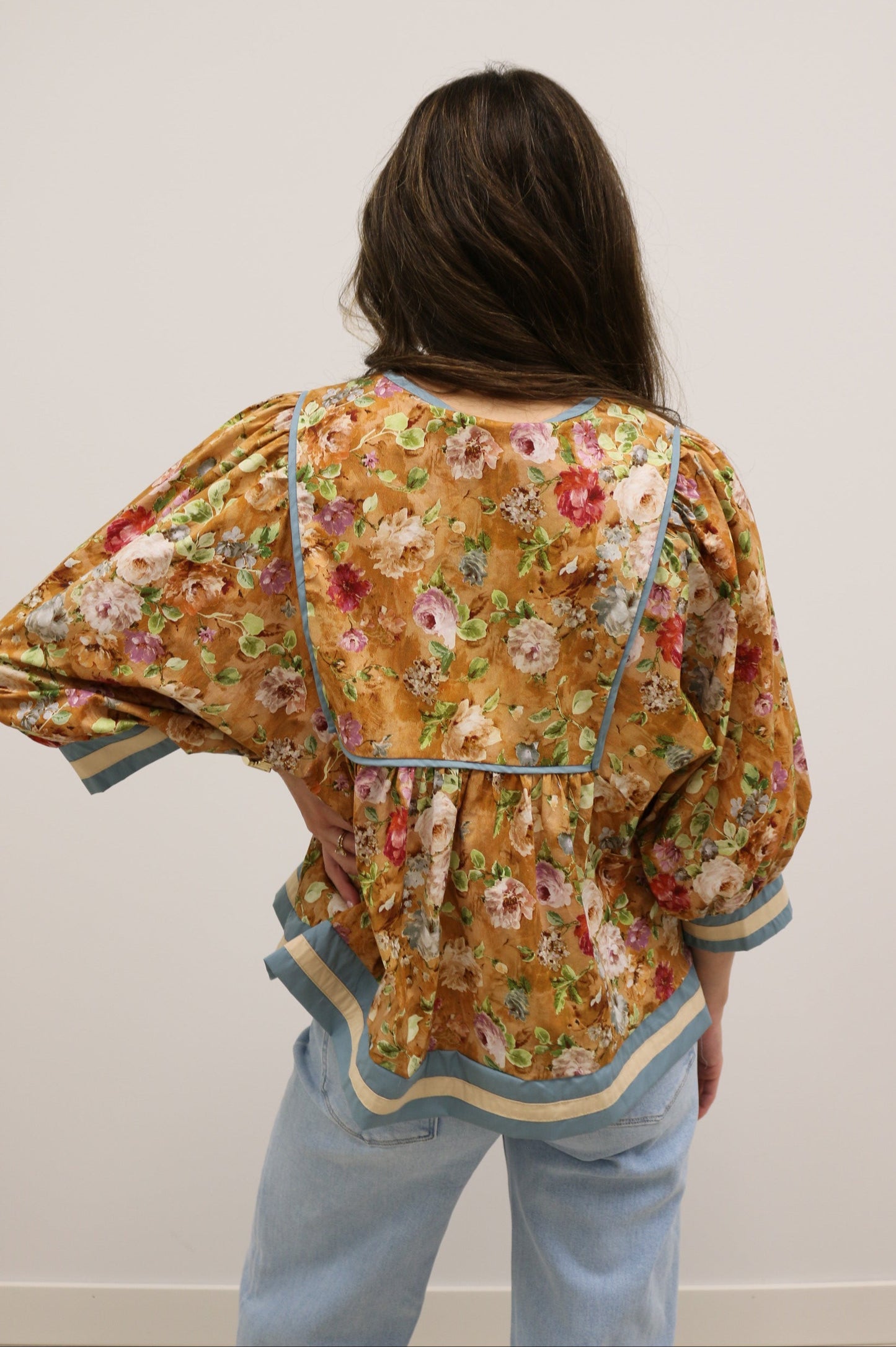 Vintage Bloom Floral Empire Waist Tie Front Contrast Trim Top - Terra Cotta
