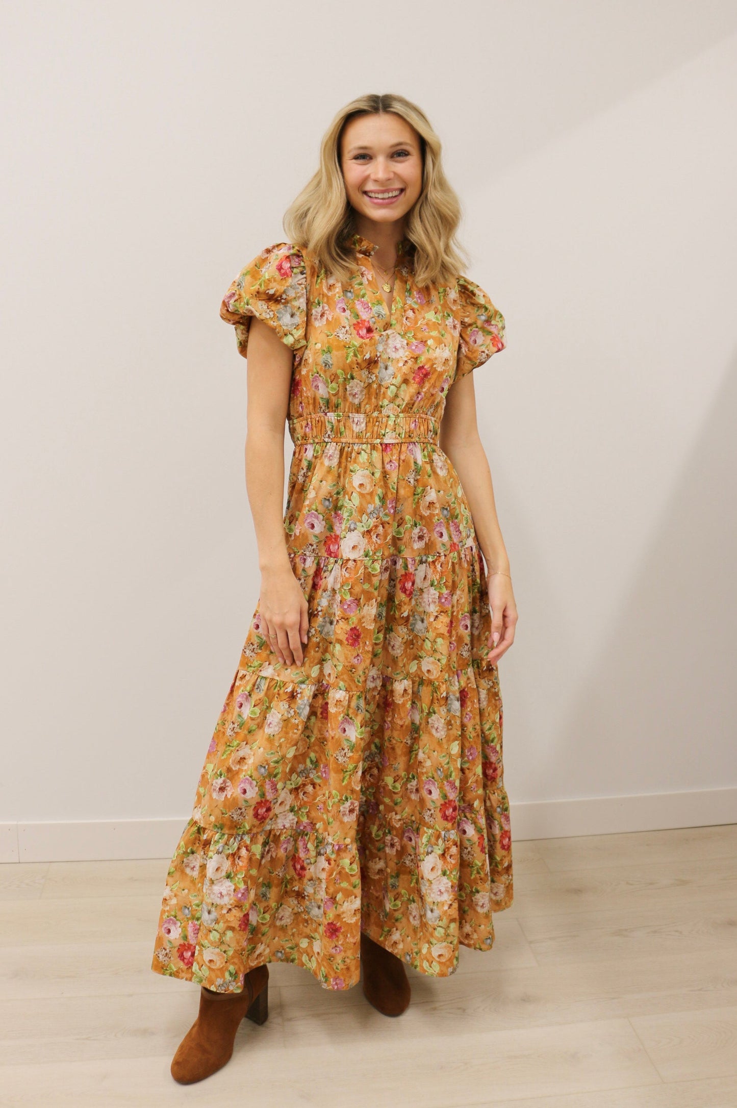 Vintage Bloom Floral Print Tiered Midi Dress Short Sleeve - Terra Cotta