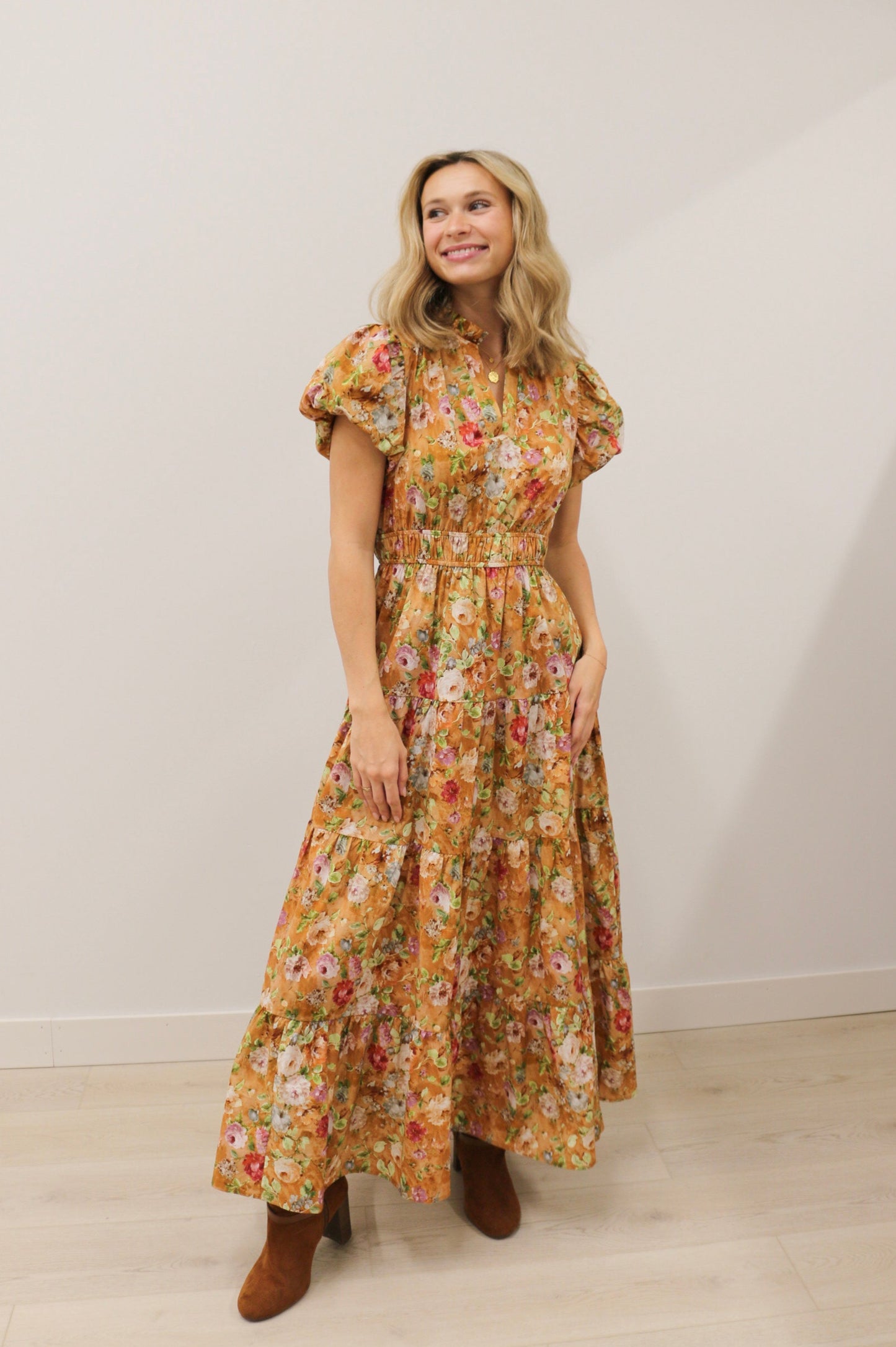 Vintage Bloom Floral Print Tiered Midi Dress Short Sleeve - Terra Cotta
