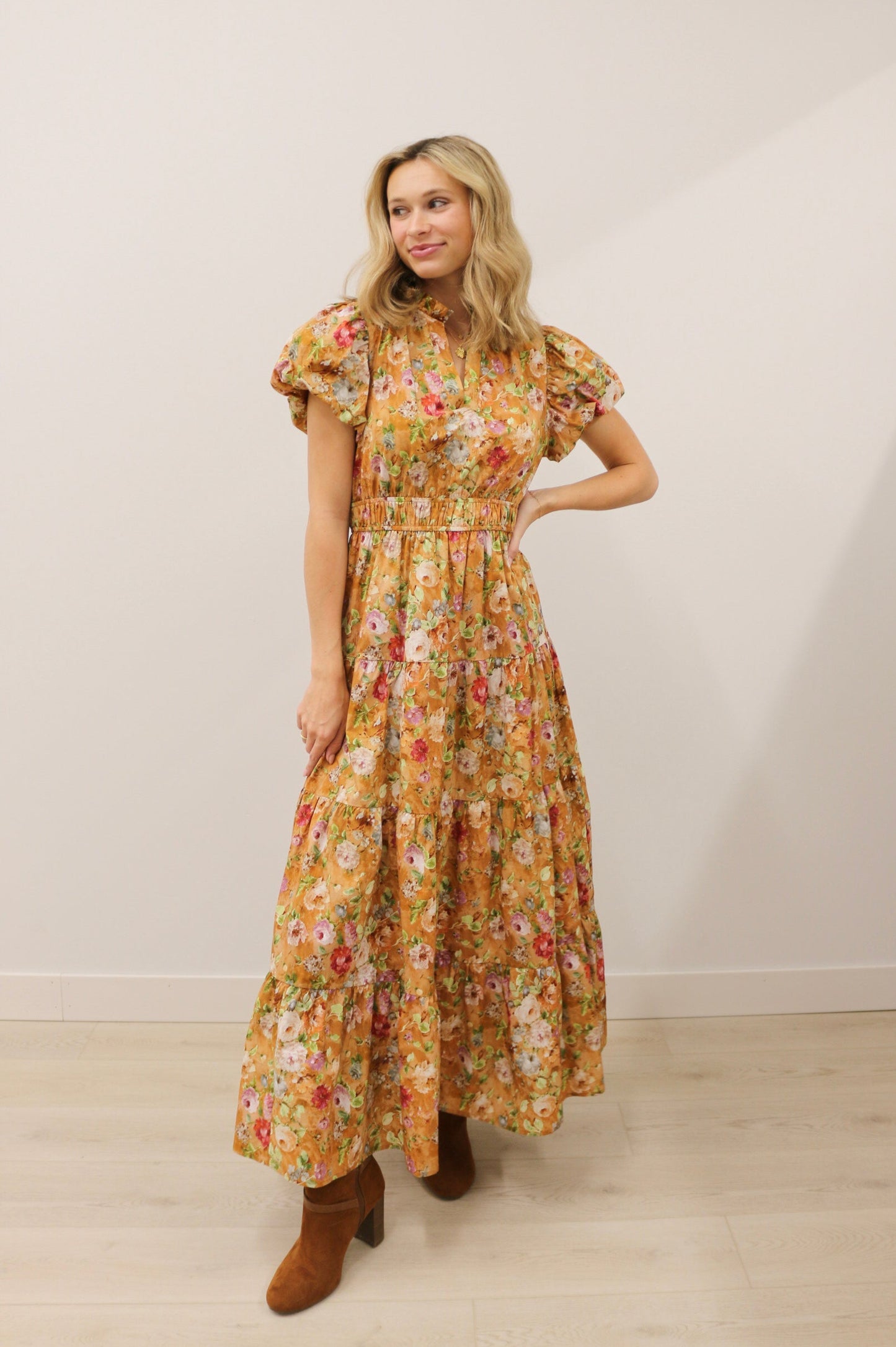 Vintage Bloom Floral Print Tiered Midi Dress Short Sleeve - Terra Cotta