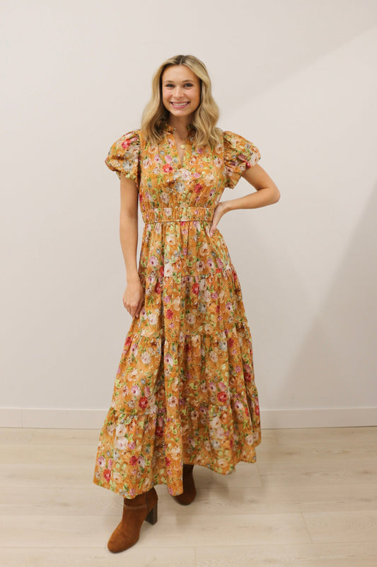 Vintage Bloom Floral Print Tiered Midi Dress Short Sleeve - Terra Cotta