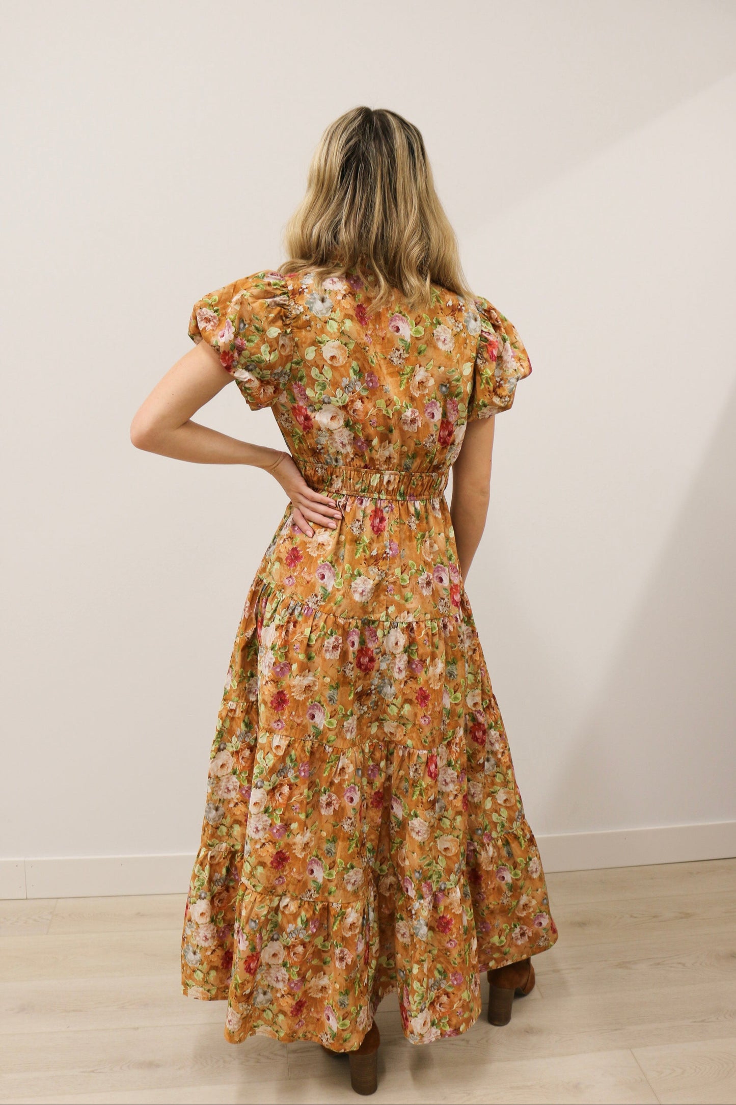 Vintage Bloom Floral Print Tiered Midi Dress Short Sleeve - Terra Cotta