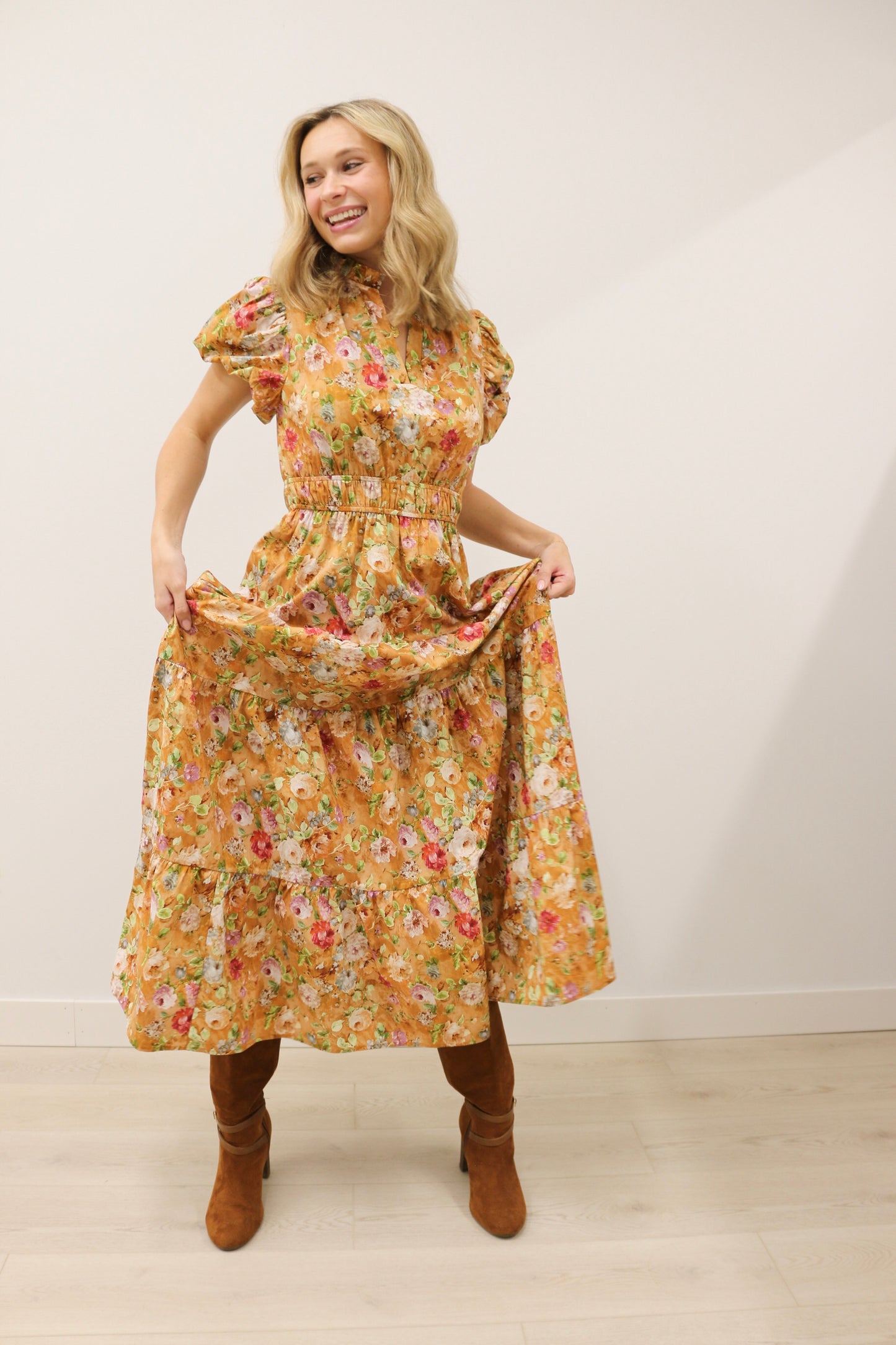 Vintage Bloom Floral Print Tiered Midi Dress Short Sleeve - Terra Cotta