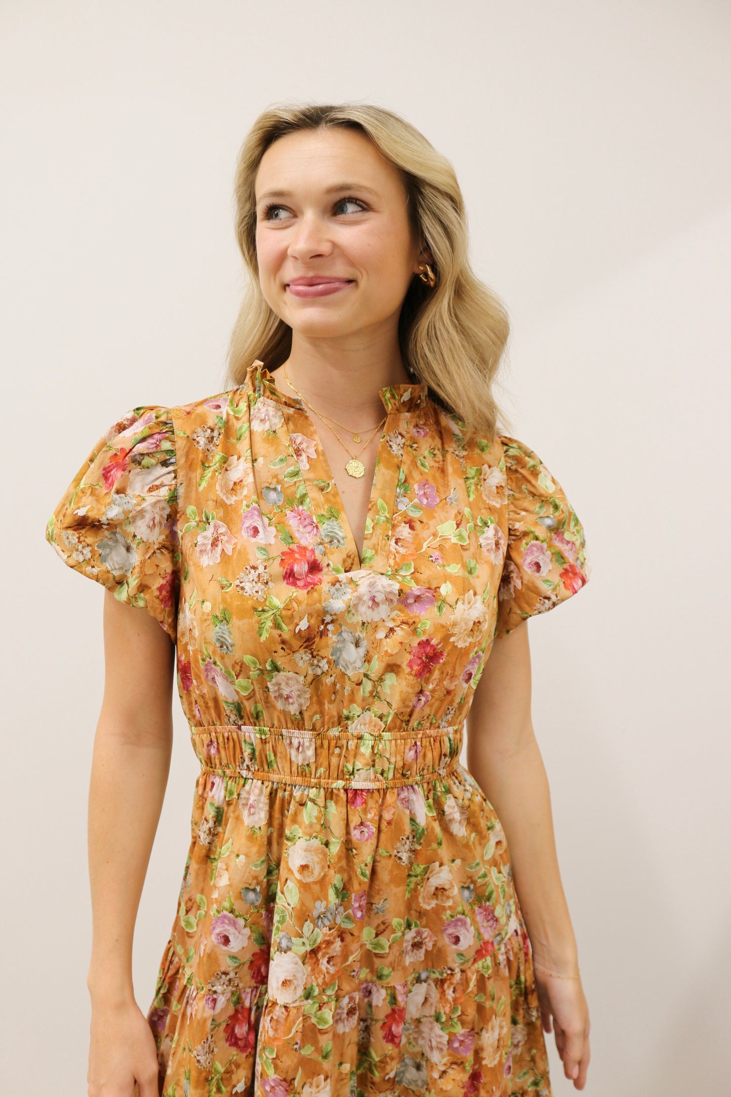 Vintage Bloom Floral Print Tiered Midi Dress Short Sleeve - Terra Cotta