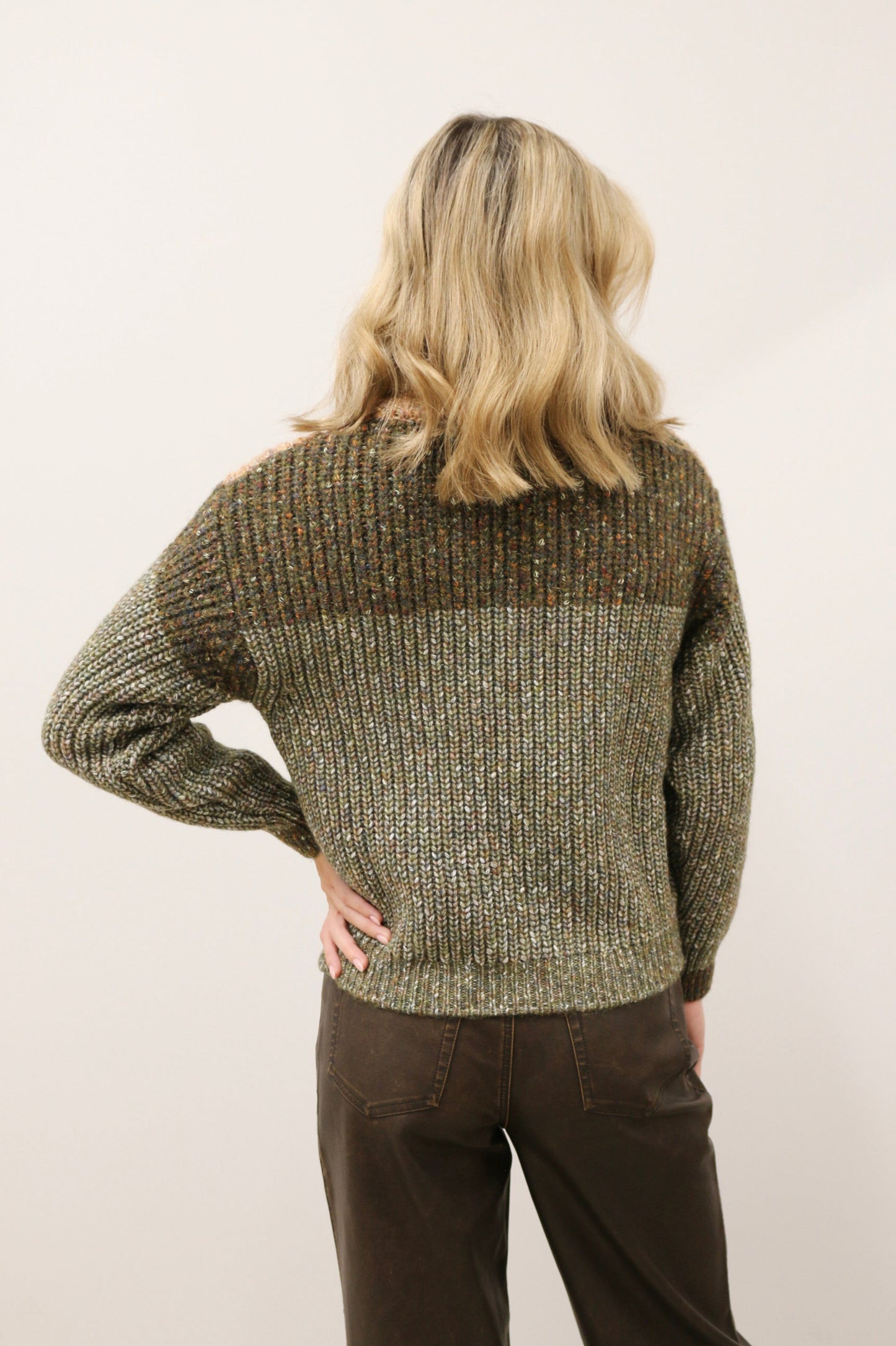 Vita Autumn Tone Chevron Long Sleeve Knit Sweater - Olive Multi
