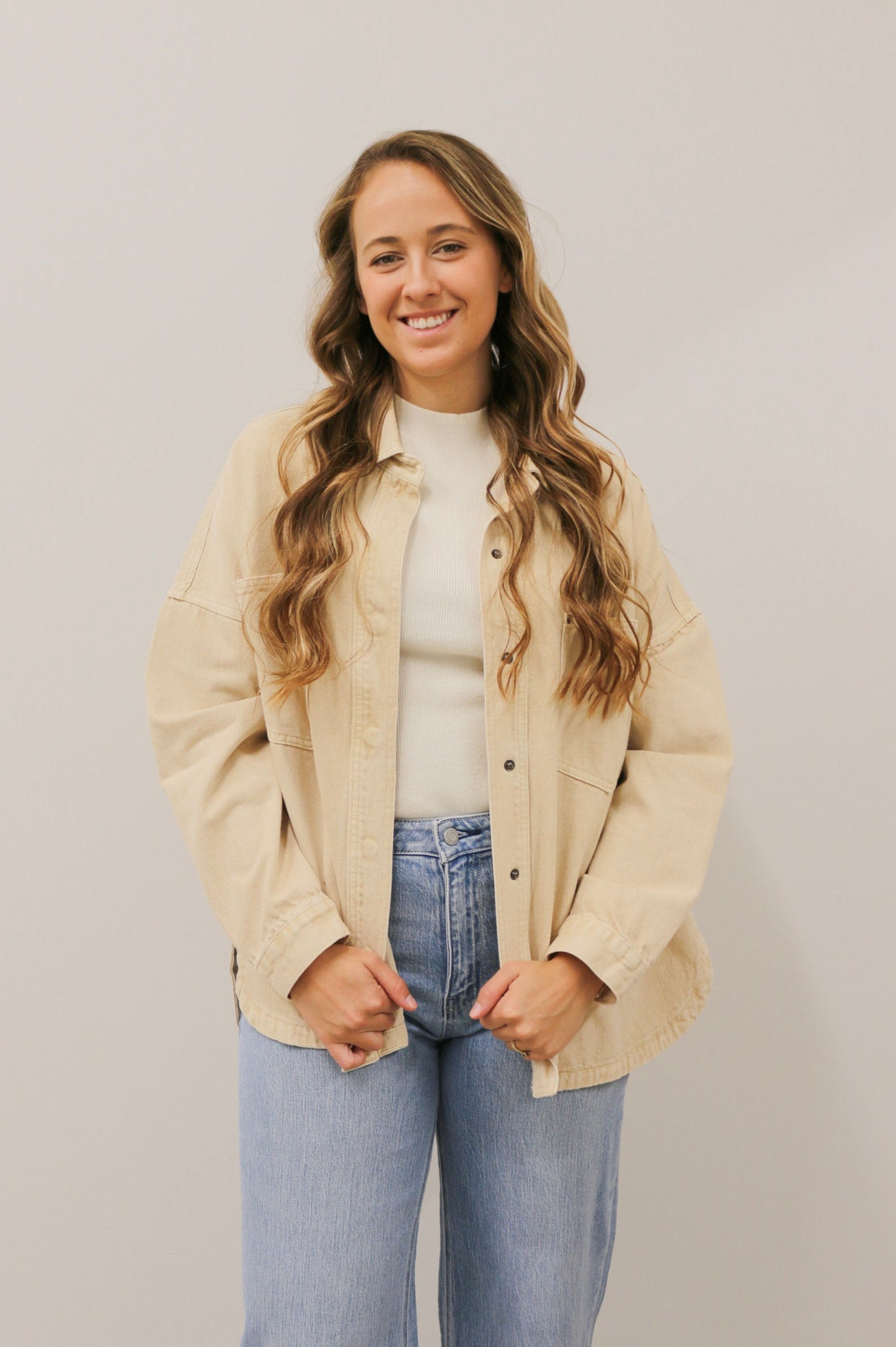 Snap Button Oversized Relaxed Fit Long Sleeve Washed Denim Jacket - Beige