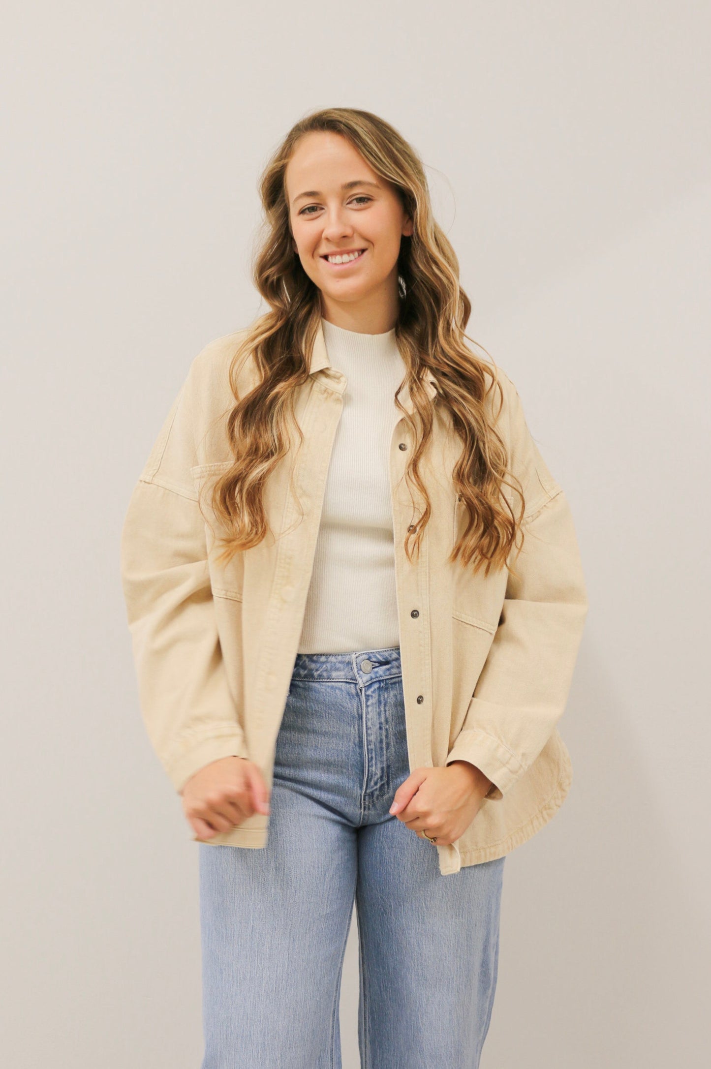 Snap Button Oversized Relaxed Fit Long Sleeve Washed Denim Jacket - Beige