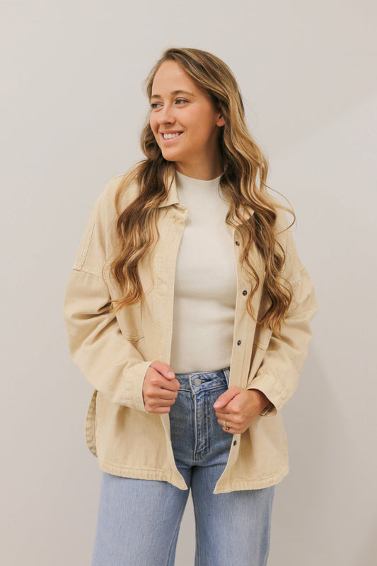 Snap Button Oversized Relaxed Fit Long Sleeve Washed Denim Jacket - Beige
