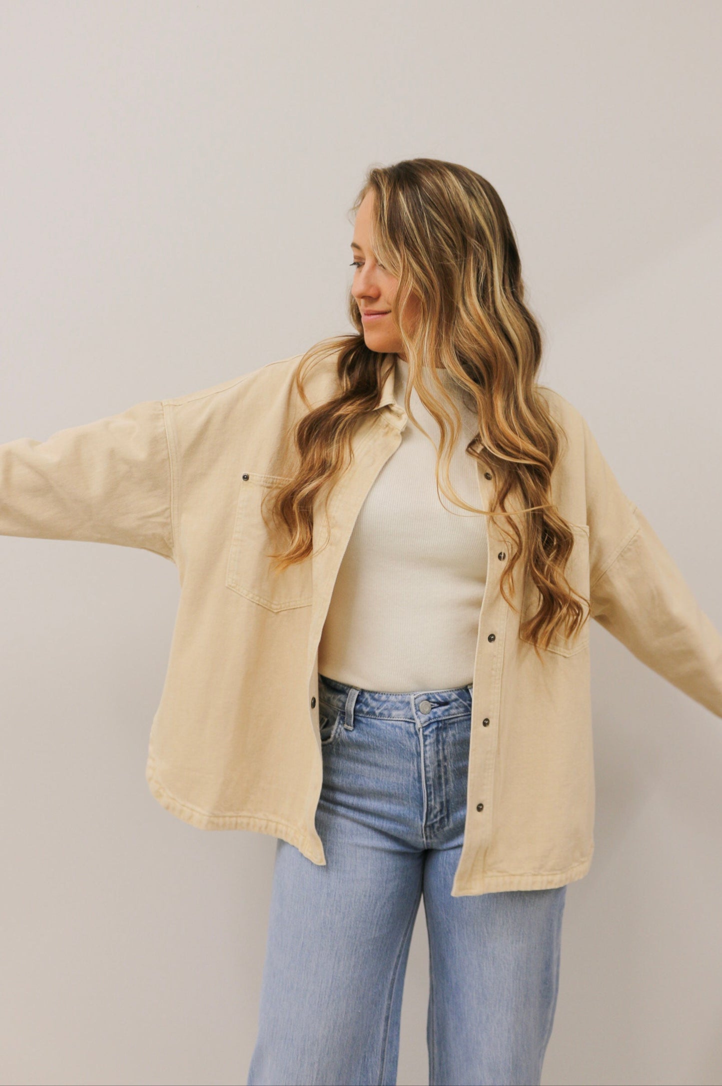 Snap Button Oversized Relaxed Fit Long Sleeve Washed Denim Jacket - Beige